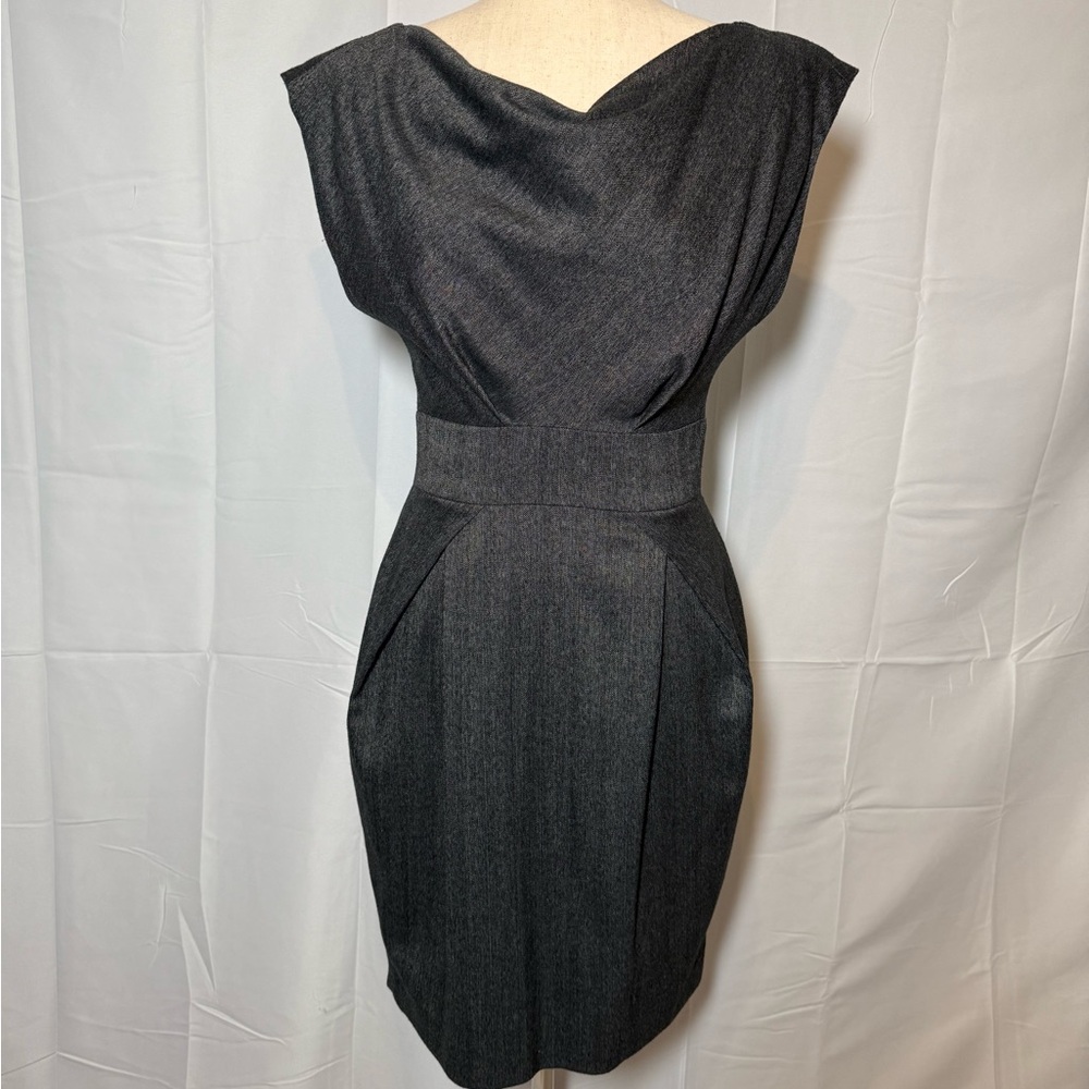 EUC Pippa Charcoal Gray Dress with darts, pleats, and cowl neck